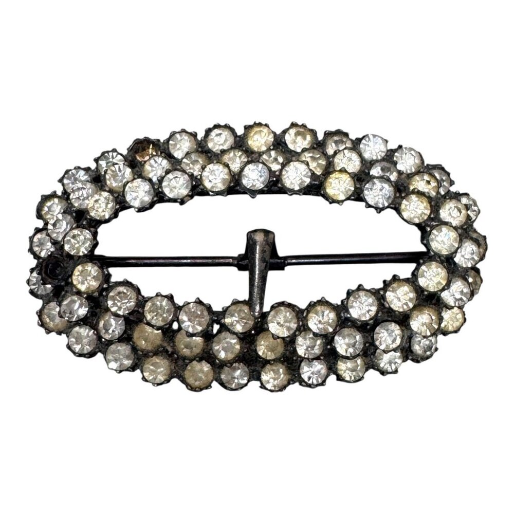 Antique Victorian Georgian Rhinestone Oval Buckle Brooch Vintage Jewelry READ